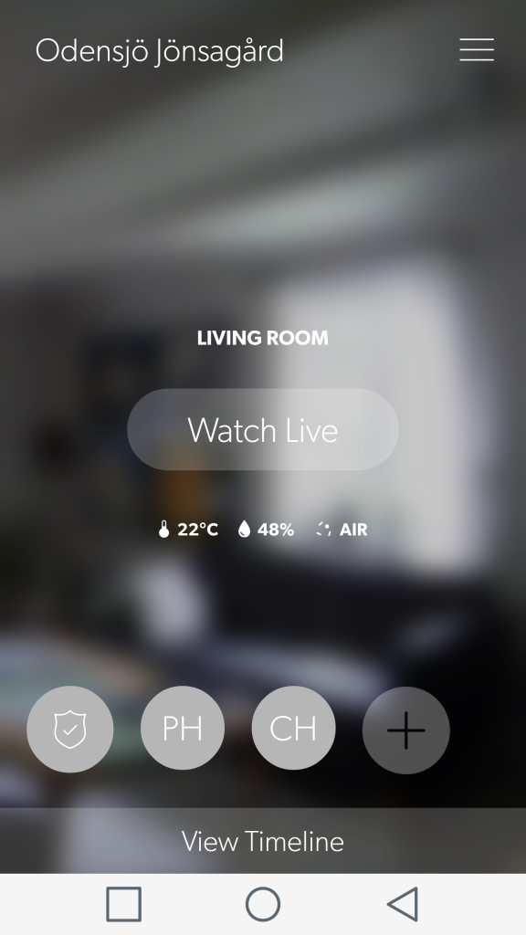 Startskärmen i appen ger möjlighet att se live-video och läsa av sensorparametrar.
