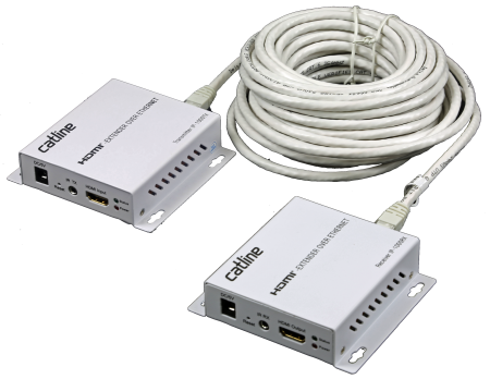Catline IP-1000 är en hdmi-förlängare som omvandlar och överför en hdmi-signal via Ethernet-kabel upp till 120 meter.