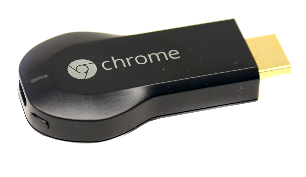 Google Chromecast med usb-strömförsörjning, hdmi-anslutning och inbyggt WiFi.