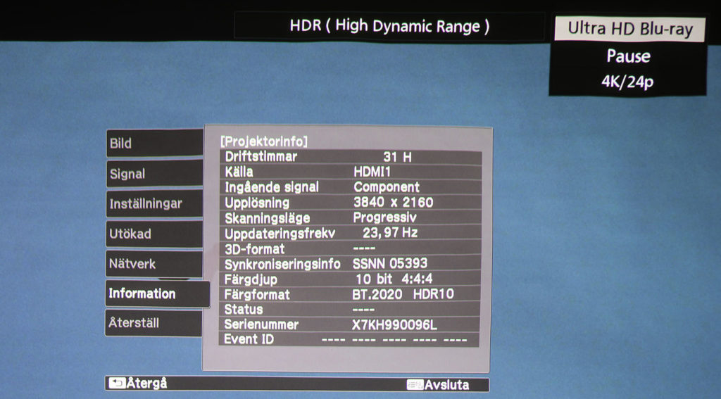 EH-LS500 fixar UHD-film med HDR utmärkt och klarar även den utökade färgrymden BT.2020 med 10-bitars färgdjup.
