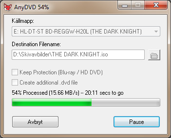 54 procent klart av Batman-filmen The Dark Knight från Blu-ray. 20 minuter rippning med AnyDVD HD återstår. Resultatet blir en filmavbild i form av en iso-fil på 42 Gbyte. 