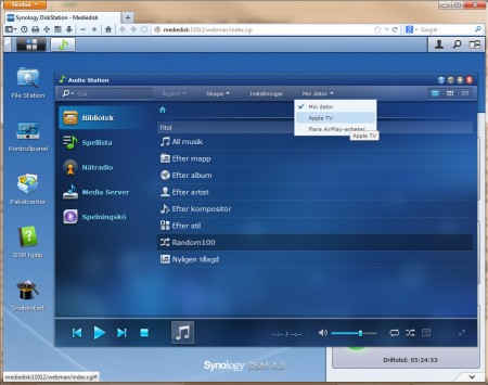 I Synologys senaste uppdatering av sitt NAS-operativ – DiskStation 4.2, infördes även Airplay som ett alternativt uppspelningssätt från apparna Audio Station och Video Station. Det innebär att man kan spela upp innehåll från en Synology-NAS strömmande även från en Windows-dator till en Airplay-enhet. 