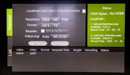 När man spelar in via Xtreamer Prodigy 4K:s hdmi-ingång kan man välja upplösning och format. Komprimeringen görs dock med HEVC/H.265 oavsett val.
