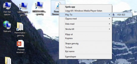 I Windows når du förstärkaren via DLNA genom att högerklicka på en mediefil och välja Play To. Funkar finfint både för ljud och filmfiler.
