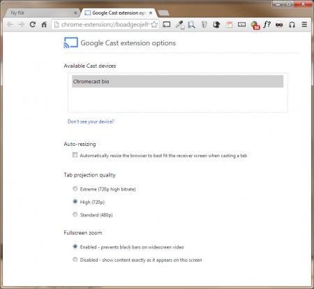 Google Casts inställningsmöjligheter i webbläsaren.