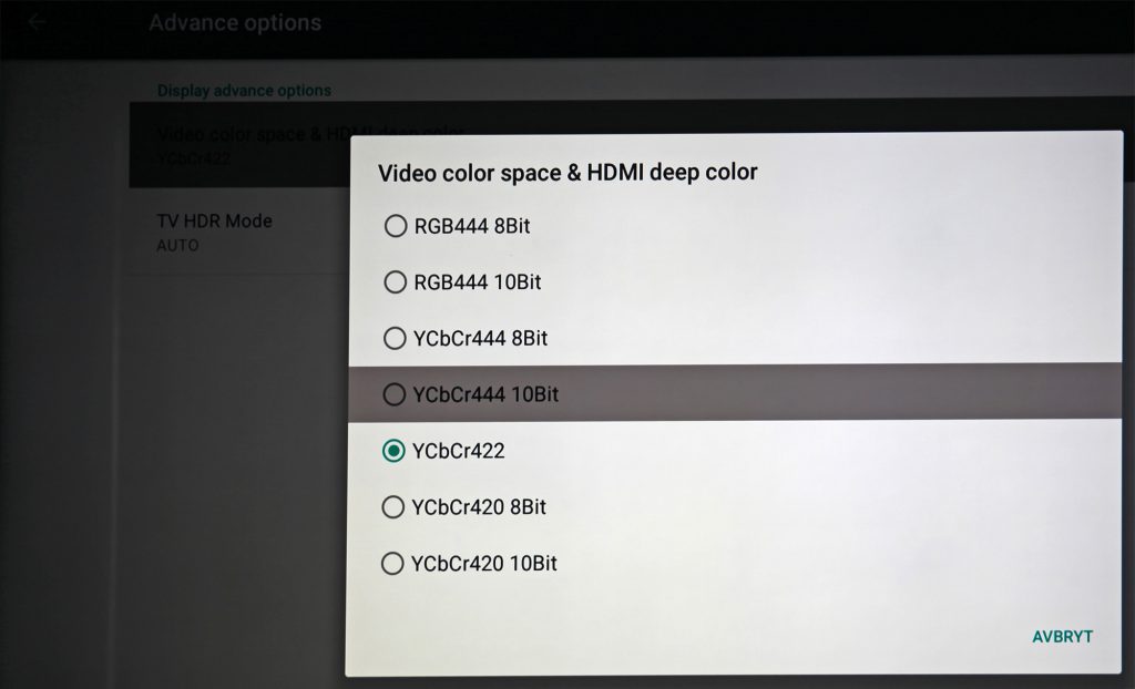 Även om alla möjligheter finns inbyggda till bästa möjliga bild medger inte vår Ultra HD-tv att man kopplar på 2160p60, HDR och 10-bitars RGB444-färgläge samtidigt. Men med Ultra HD i 30p går det bra med YCbCr444 och tiobitars färg. 