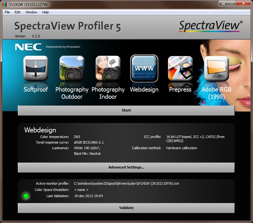 Med SpectraView Profiler väljer du enkelt mellan de färdiga profilerna efter användningsområde.