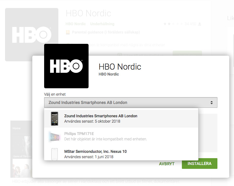 Android TV verkar inte vara kompatibelt med HBO Nordics Android-app… 